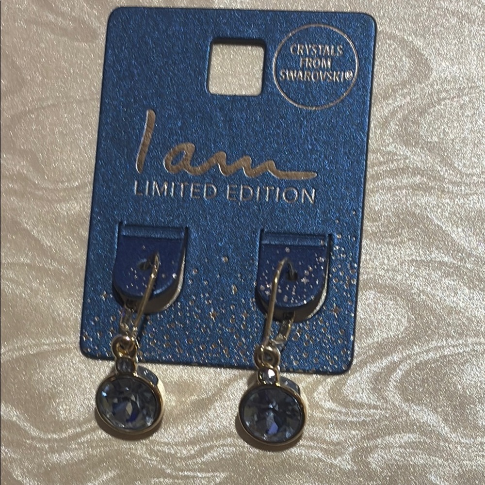 Limited Edition I Am Swarovski Blue Crystal & Silver Dangle Earrings NWT